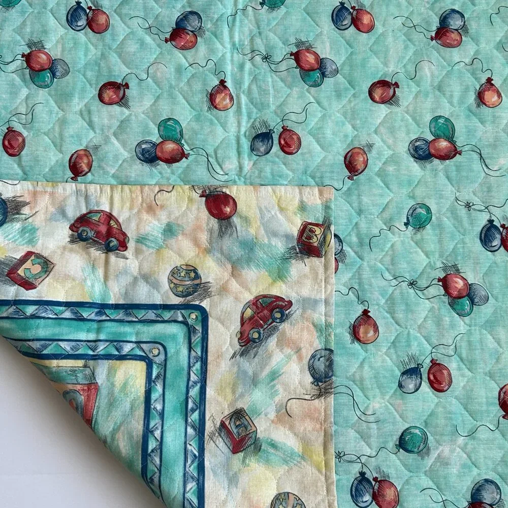 Handmade Baby Blanket Quilt Bunnies Rabbit Balloons Activity Play Mat 33x43 Inch